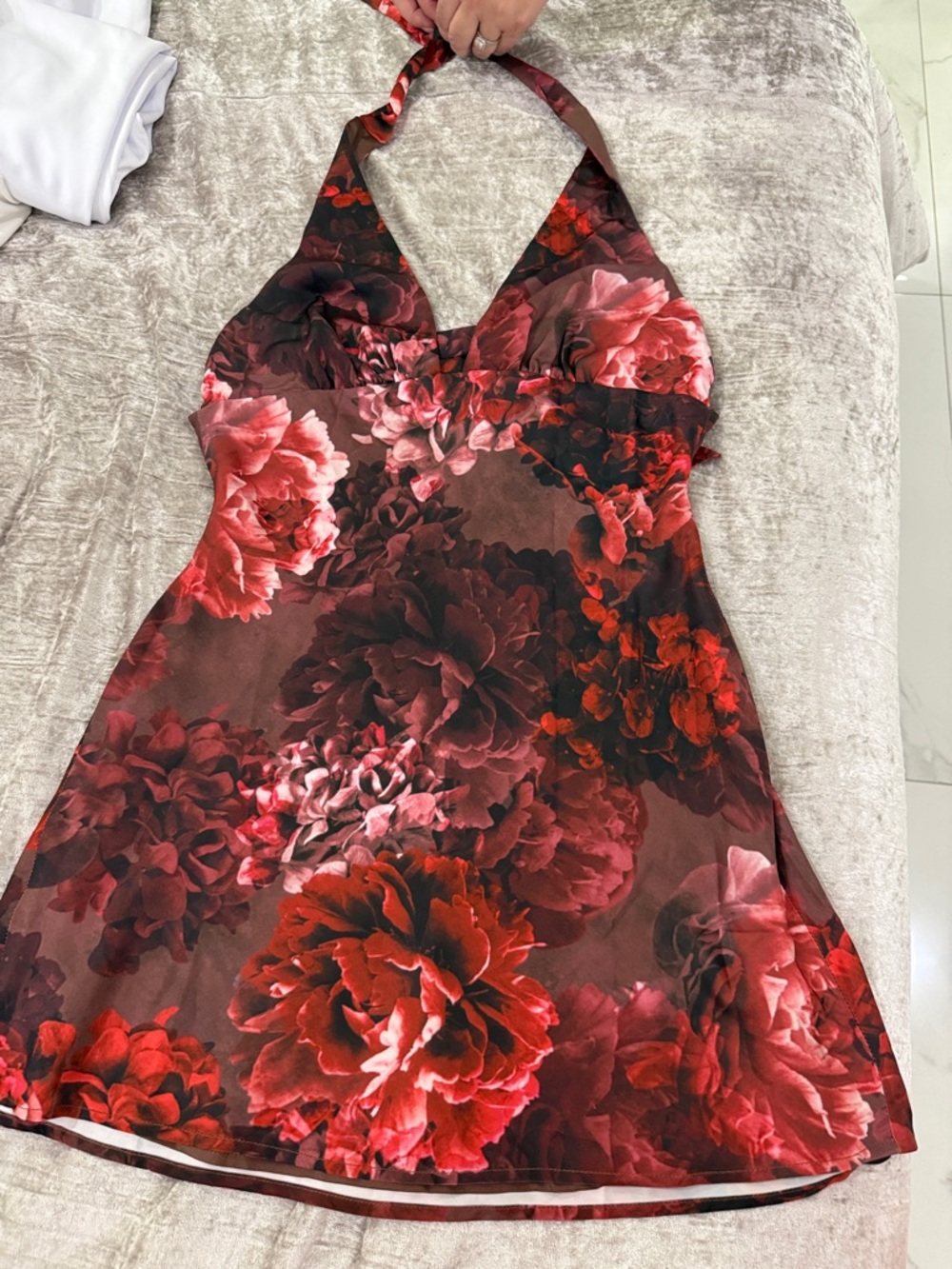 Meshki Red and Burgundy Floral Halter Mini Dress